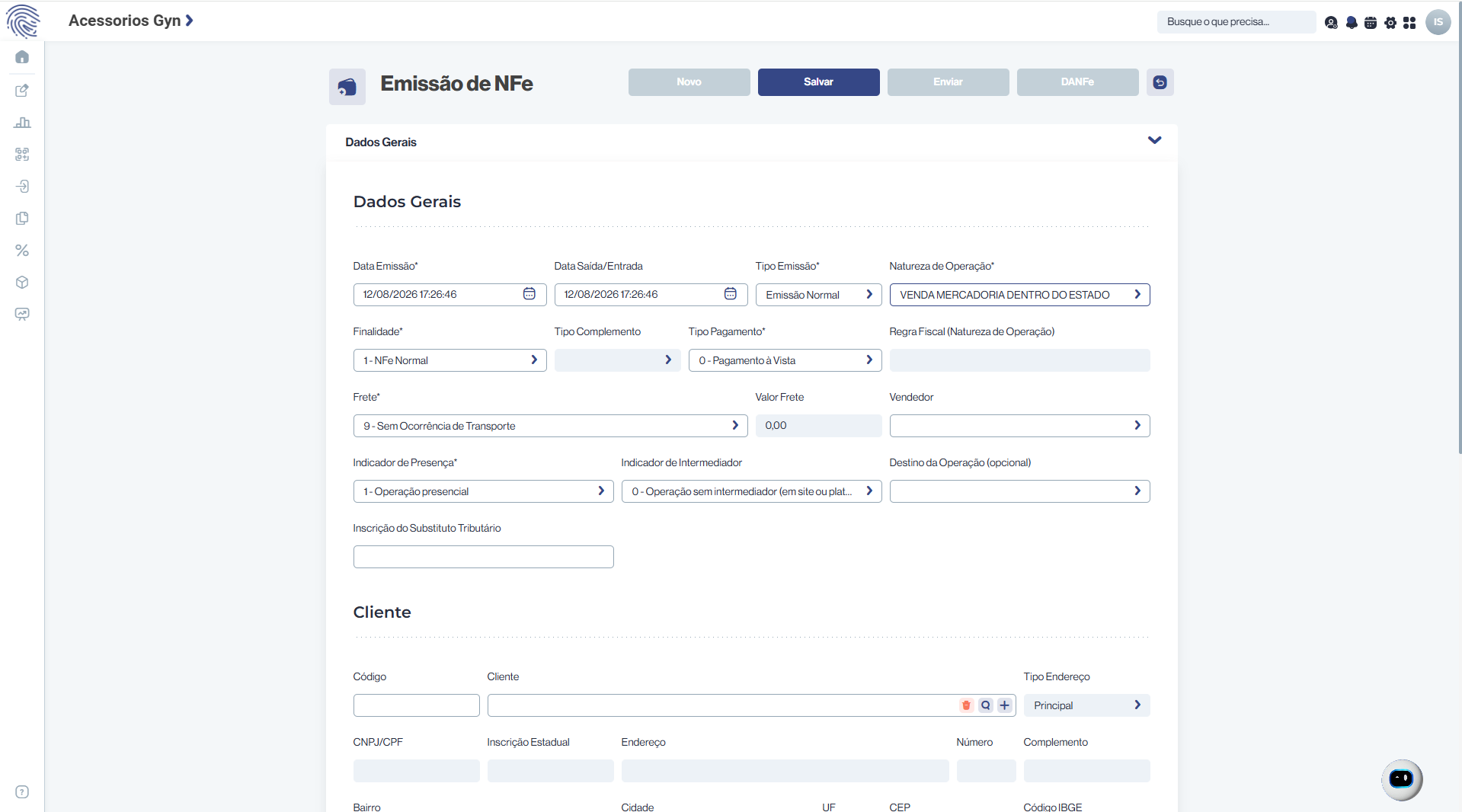 Tela de emissão de NF-e do Gestão Web